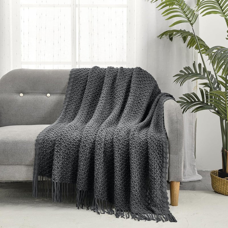 CREVENT Farmhouse Boho Knitted Throw Blanket for Couch Sofa Chair Bed Home Decoration, Soft Warm Cozy Light Weight for Spring Summer Fall (127x152cm Dark Grey) - Image 2