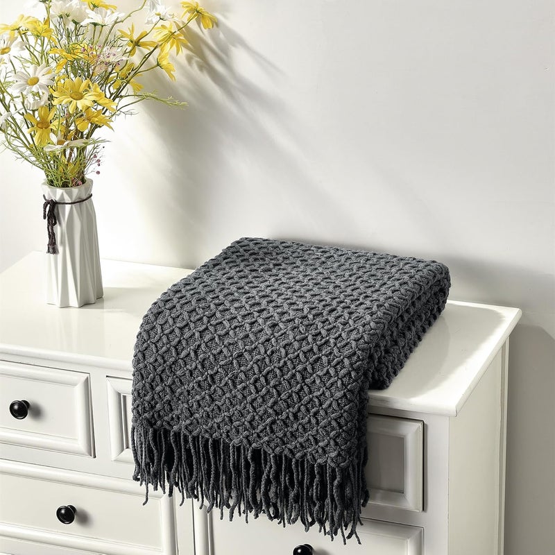 CREVENT Farmhouse Boho Knitted Throw Blanket for Couch Sofa Chair Bed Home Decoration, Soft Warm Cozy Light Weight for Spring Summer Fall (127x152cm Dark Grey) - Image 4
