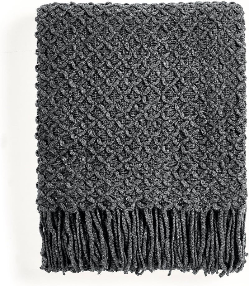 CREVENT Farmhouse Boho Knitted Throw Blanket for Couch Sofa Chair Bed Home Decoration, Soft Warm Cozy Light Weight for Spring Summer Fall (127x152cm Dark Grey) - Image 1