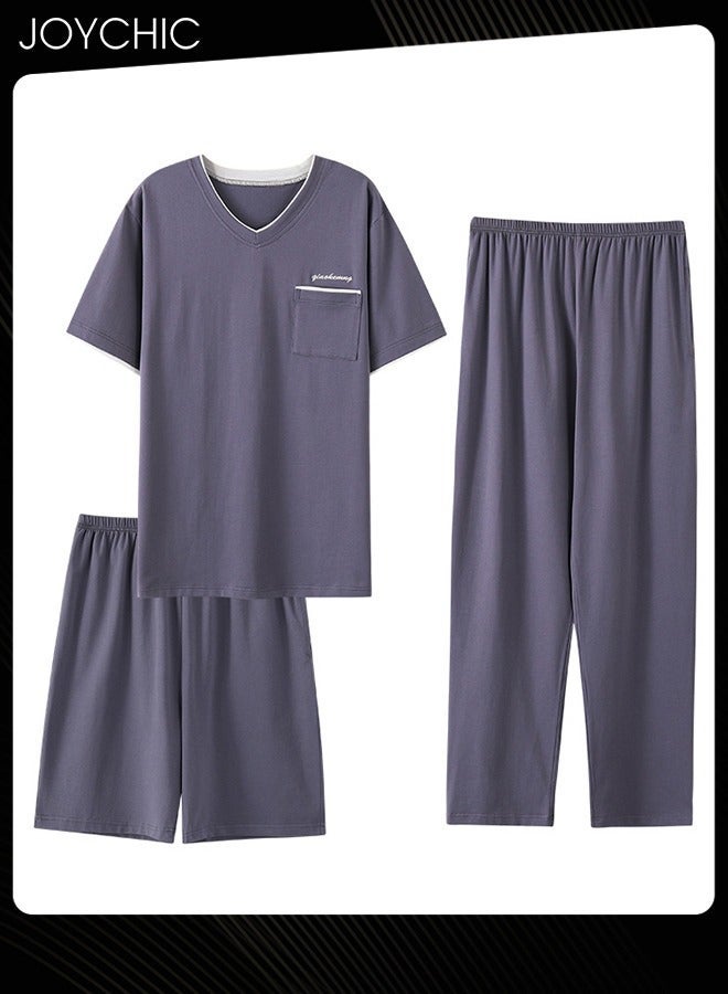 NIBEMINENT 3-piece Classic Spring and Autumn Pajamas Set for Men Modal Skin-friendly Short-sleeved Trousers Sleepwear Cotton Silk V Neck Home Clothes with Pockets Grey - Image 1
