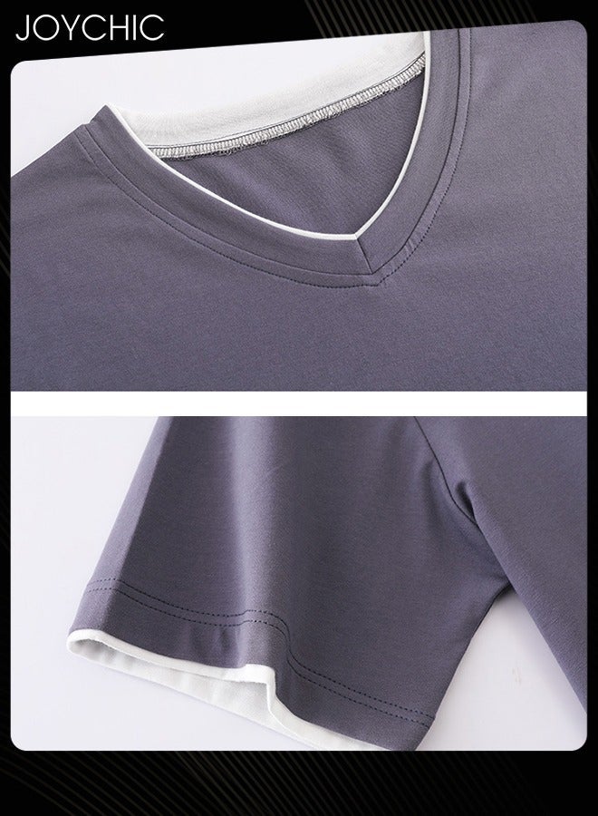 NIBEMINENT 3-piece Classic Spring and Autumn Pajamas Set for Men Modal Skin-friendly Short-sleeved Trousers Sleepwear Cotton Silk V Neck Home Clothes with Pockets Grey - Image 3