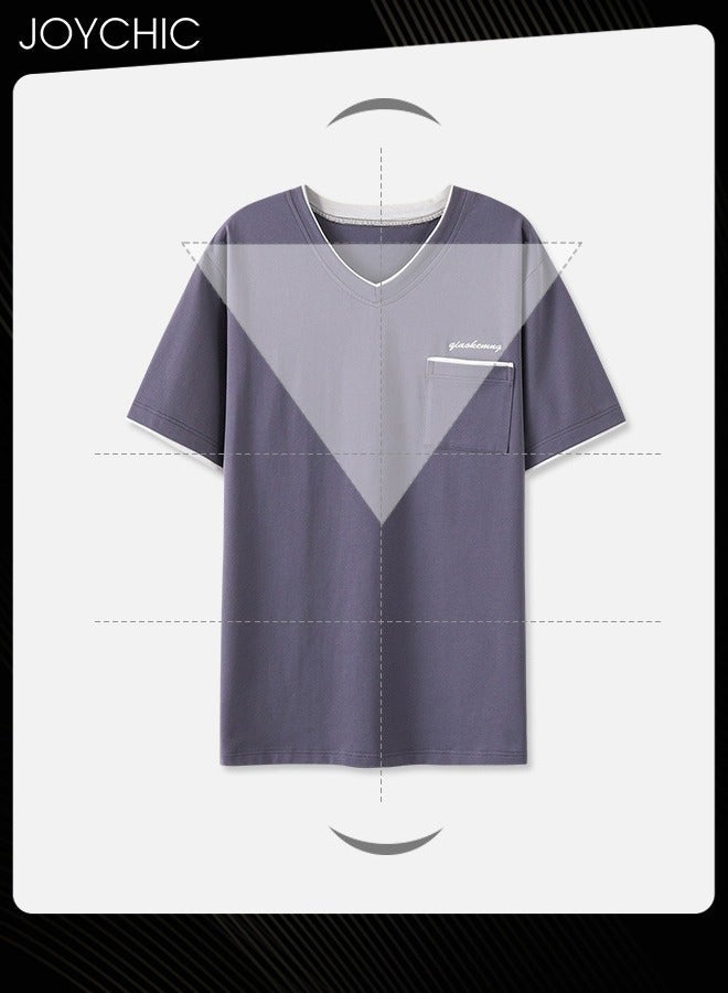 NIBEMINENT 3-piece Classic Spring and Autumn Pajamas Set for Men Modal Skin-friendly Short-sleeved Trousers Sleepwear Cotton Silk V Neck Home Clothes with Pockets Grey - Image 4