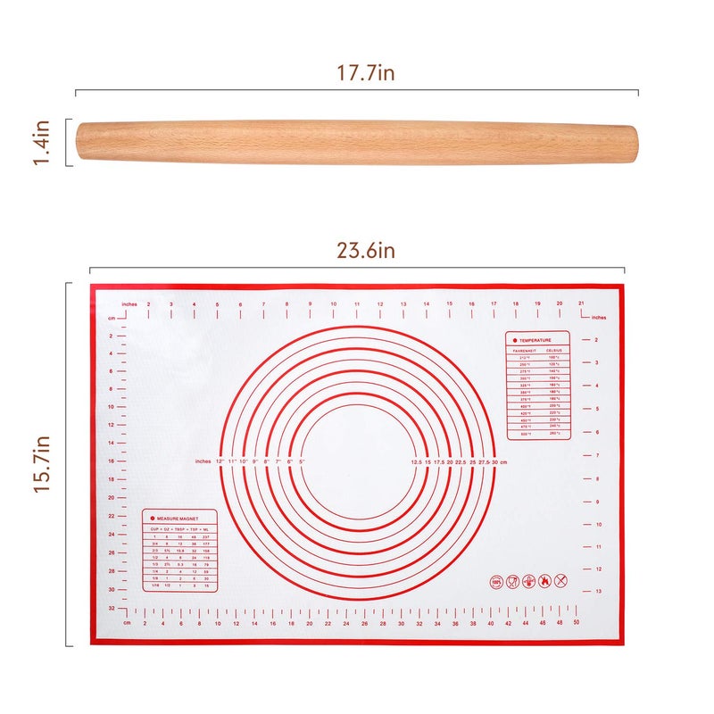 Quellance Wood French Rolling Pin for Baking, QUELLANCE Wooden Dough Roller with Silicone Baking Mat, Beech Wood Rolling Pins for Baking Dough, Pizza, Pie, Pastries, Pasta and Cookies,Red Pastry Mat - Image 3