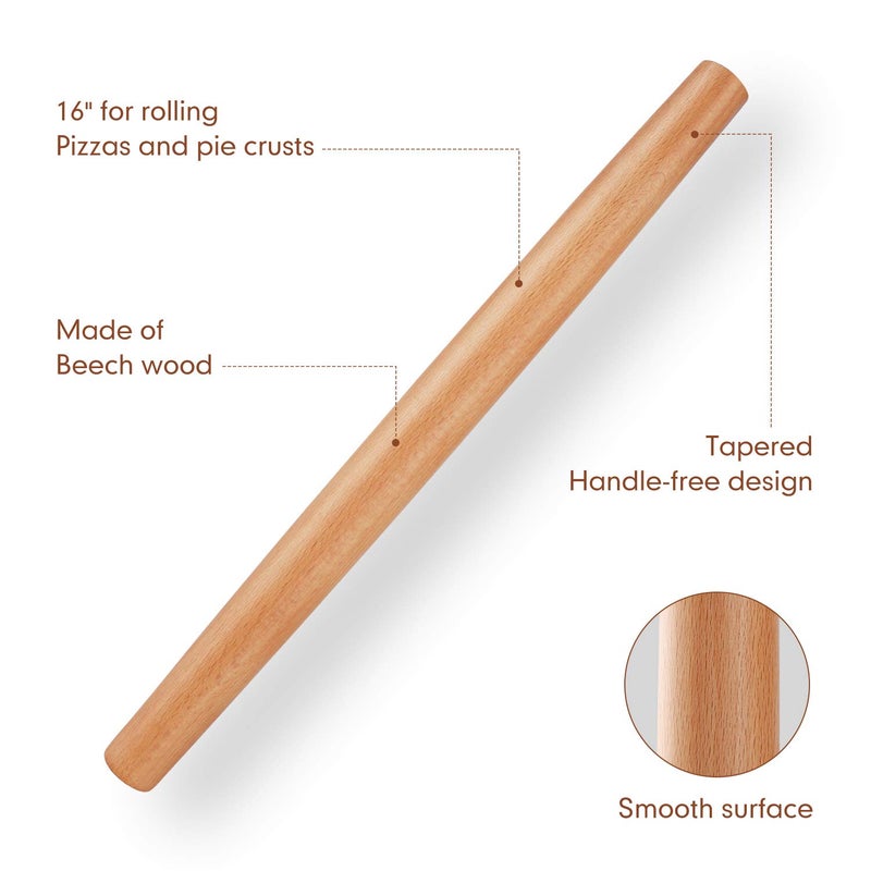 Quellance Wood French Rolling Pin for Baking, QUELLANCE Wooden Dough Roller with Silicone Baking Mat, Beech Wood Rolling Pins for Baking Dough, Pizza, Pie, Pastries, Pasta and Cookies,Red Pastry Mat - Image 2