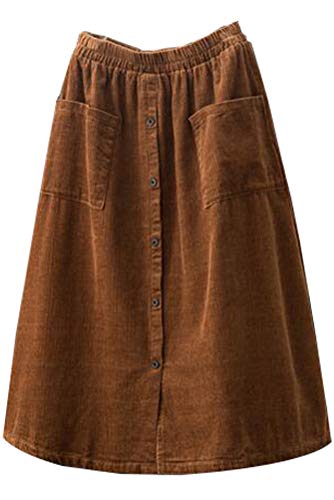 Minibee Women's Corduroy Midi Skirt Front Split Buttons Decoration A-Line Dress Brown M - Image 1