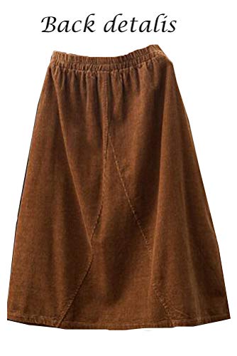Minibee Women's Corduroy Midi Skirt Front Split Buttons Decoration A-Line Dress Brown M - Image 2