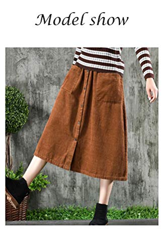 Minibee Women's Corduroy Midi Skirt Front Split Buttons Decoration A-Line Dress Brown M - Image 5
