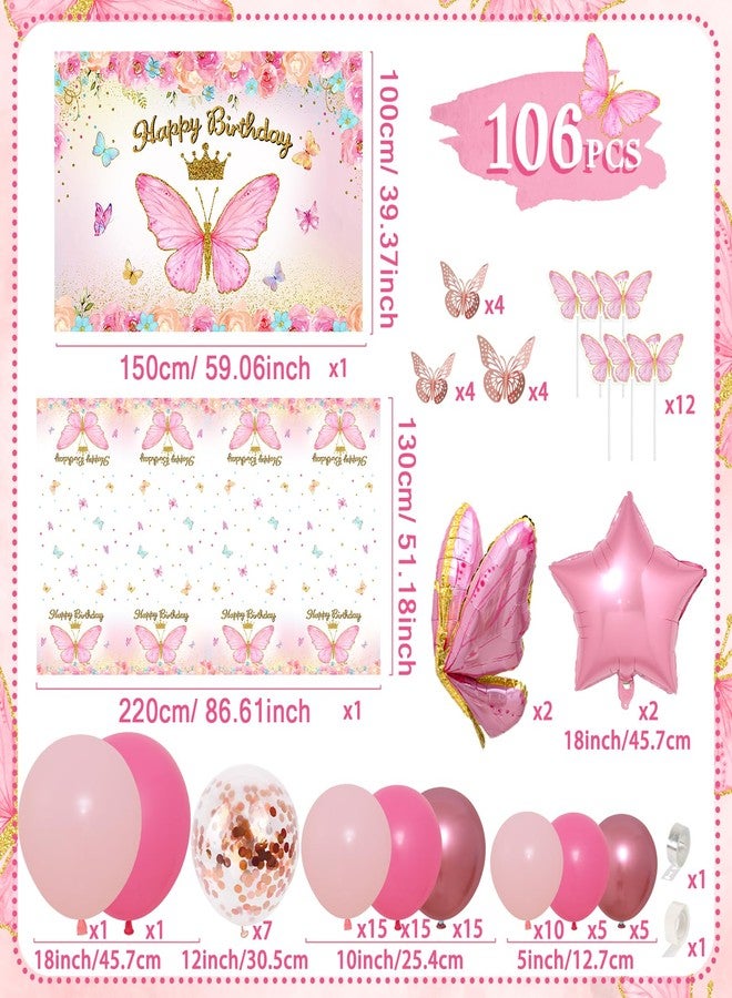 FengRise Pink Balloon Arch Kit with Foil Butterfly Balloons, Happy Birthday Backdrop & Tablecloth Decorations for Girl's Party - 106 Supplies - Image 2