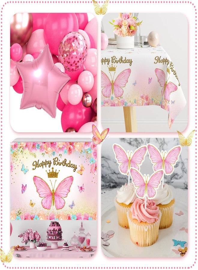 FengRise Pink Balloon Arch Kit with Foil Butterfly Balloons, Happy Birthday Backdrop & Tablecloth Decorations for Girl's Party - 106 Supplies - Image 4