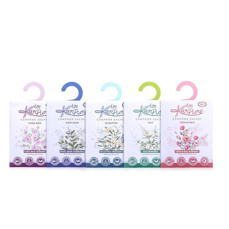 CYCLE Pure Karpure Camphor Sachet - Pack of 5 | Air Freshener for Wardrobe, Home, Office, Bathroom, Car| Turkish Rose, Night Queen, Thulsi, Floral Musk, Eucalyptus| Each Lasts up to 30 Days - Image 1
