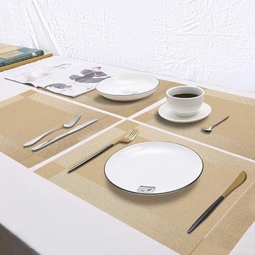Ramkuwar Modern Dining Table Runner and Placemat Set Heat-Resistant Non-Slip Washable PVC Dining Mats for Kitchen, Dining Table, Parties, Home Decor – Gold (Set of 8 + 1 Runner) - Image 3