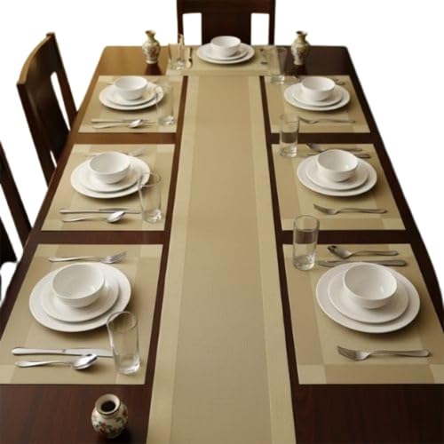Ramkuwar Modern Dining Table Runner and Placemat Set Heat-Resistant Non-Slip Washable PVC Dining Mats for Kitchen, Dining Table, Parties, Home Decor – Gold (Set of 8 + 1 Runner) - Image 1