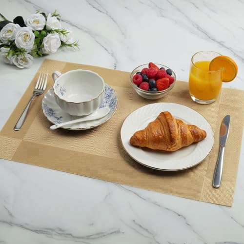 Ramkuwar Modern Dining Table Runner and Placemat Set Heat-Resistant Non-Slip Washable PVC Dining Mats for Kitchen, Dining Table, Parties, Home Decor – Gold (Set of 8 + 1 Runner) - Image 2