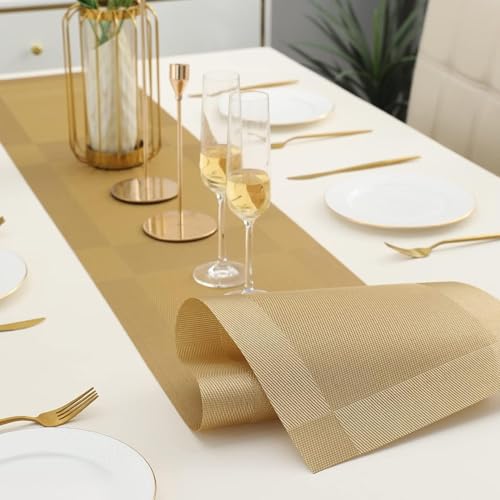 Ramkuwar Modern Dining Table Runner and Placemat Set Heat-Resistant Non-Slip Washable PVC Dining Mats for Kitchen, Dining Table, Parties, Home Decor – Gold (Set of 8 + 1 Runner) - Image 4