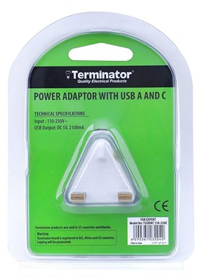 Terminator USB Wall Charger 2.1A with Type-A & Type-C Ports and 13A Plug - Image 4