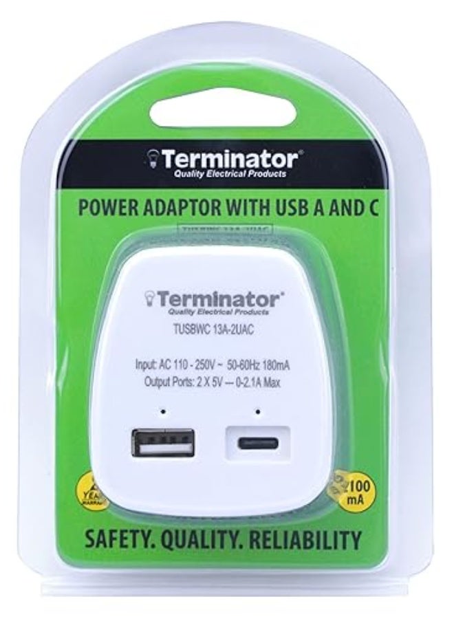 Terminator USB Wall Charger 2.1A with Type-A & Type-C Ports and 13A Plug - Image 3
