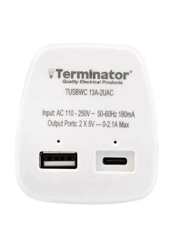 Terminator USB Wall Charger 2.1A with Type-A & Type-C Ports and 13A Plug - Image 1