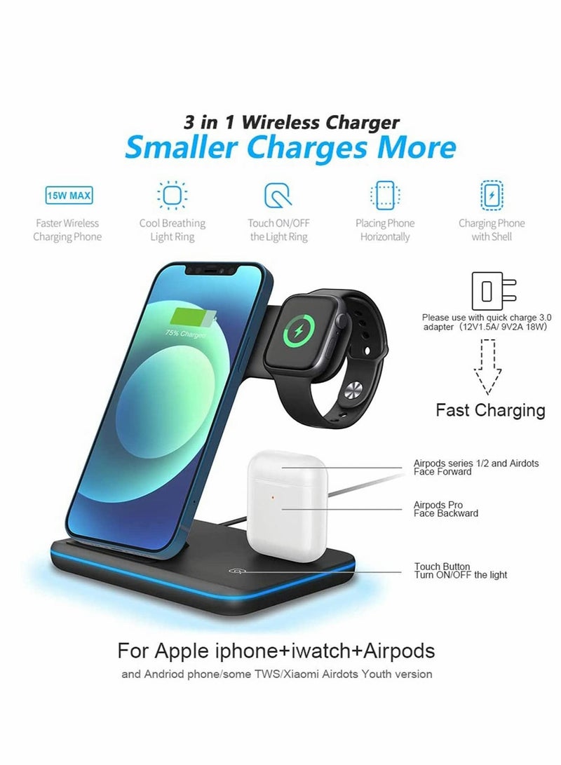 Captaintech 3 in 1 Universal 15W Qi Wireless Charger, Fast Charger Stand for IPhoneX Xs XsMax Xr 8 8Plus Quick Charge 3.0 Fast Charger Dock Stand for IWatch 1 2 3 4 - Image 3