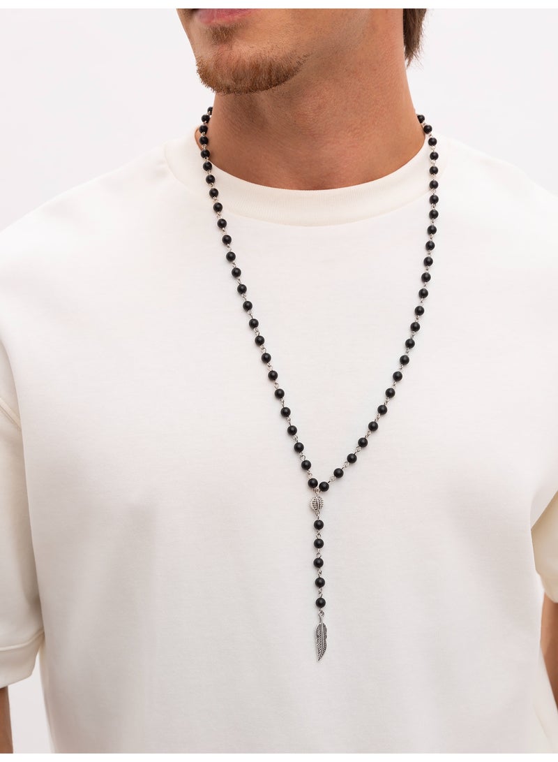 GetmanJewelry Men’s Handmade Shungite Bead Getman Jewelry Necklace with Metal Feather Pendant – Black Beaded Jewelry with Metal Accents - Image 1