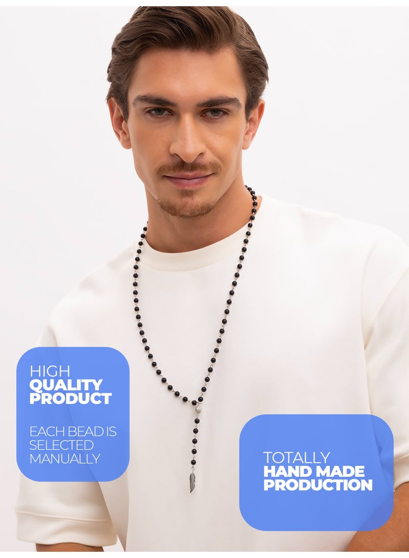 GetmanJewelry Men’s Handmade Shungite Bead Getman Jewelry Necklace with Metal Feather Pendant – Black Beaded Jewelry with Metal Accents - Image 2