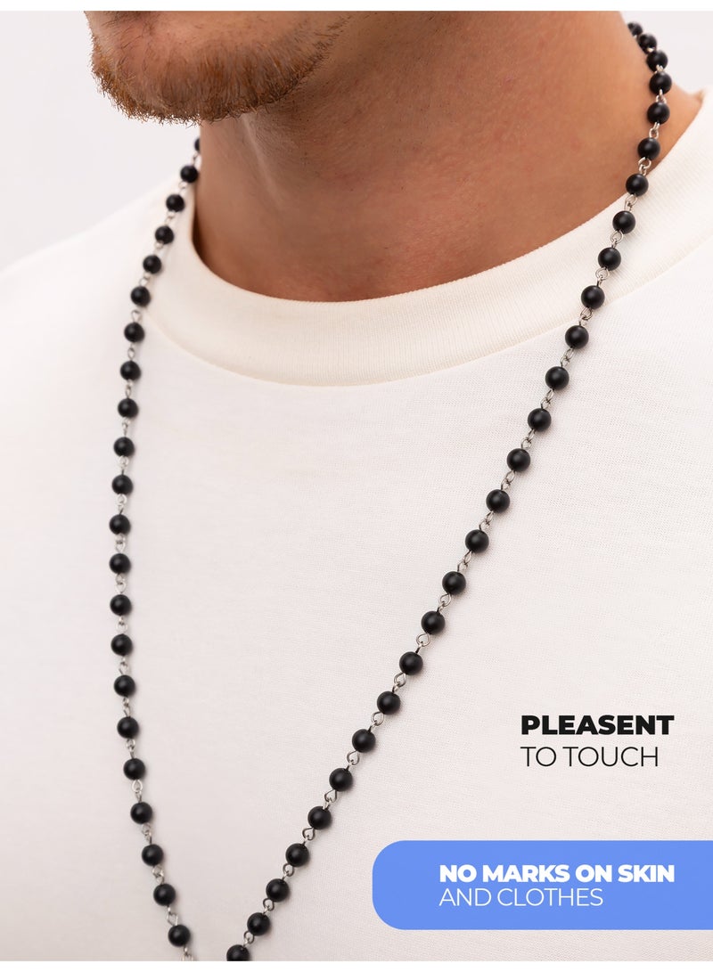 GetmanJewelry Men’s Handmade Shungite Bead Getman Jewelry Necklace with Metal Feather Pendant – Black Beaded Jewelry with Metal Accents - Image 3