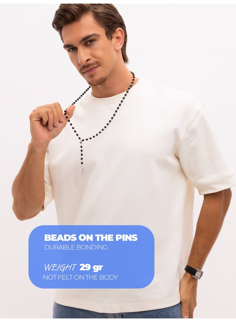 GetmanJewelry Men’s Handmade Shungite Bead Getman Jewelry Necklace with Metal Feather Pendant – Black Beaded Jewelry with Metal Accents - Image 4