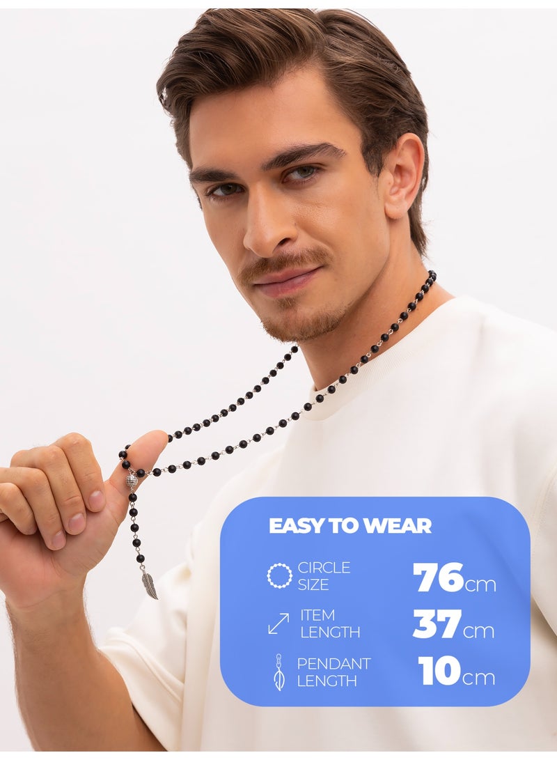 GetmanJewelry Men’s Handmade Shungite Bead Getman Jewelry Necklace with Metal Feather Pendant – Black Beaded Jewelry with Metal Accents - Image 5