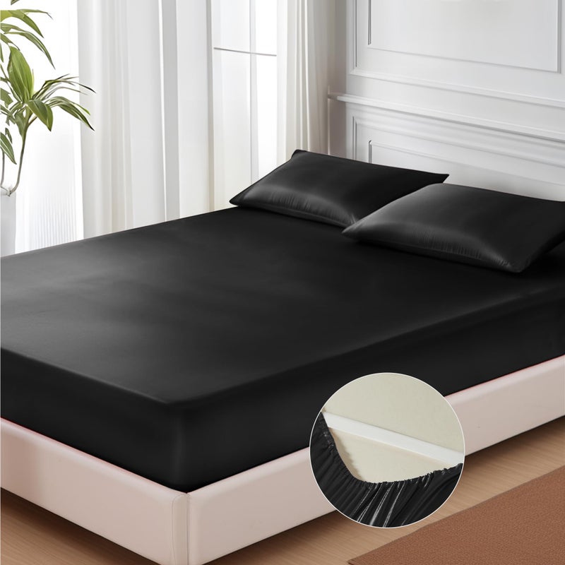 MRHM Satin Fitted Sheet King Size Silky Bottom Sheet with Elastic Corner Straps Deep Pocket up to 15 Inch No More Slipping Off for Mattress  1 Fitted Sheet Only Black