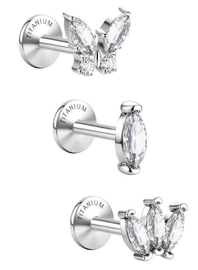 GEMQUEEN G23 Implant Grade Titanium Flat Back Earrings 5A CZ Studs: 14K Gold Hypoallergenic 3 Pcs 18G Internally Threaded Tragus Cartilage Conch Helix Piercing Jewelry for Sensitive Ears Women Men - Image 1