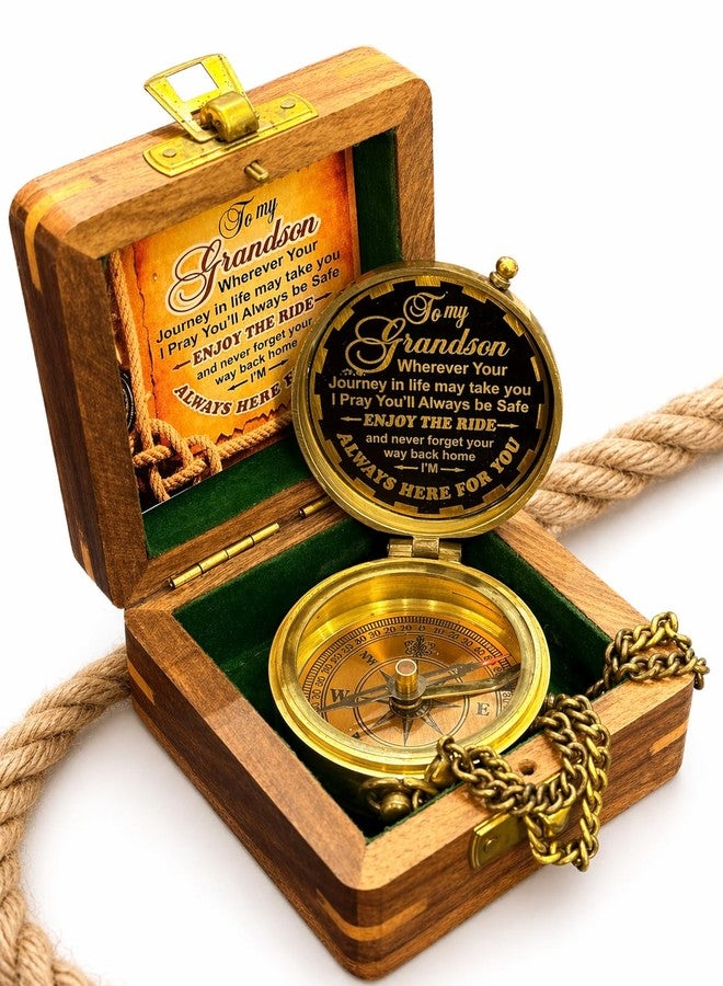 Mai Gift for Grandson Brass Compass Engraved Quote - Memory Present to My Grandson Birthday, Baptism, Graduation, Confirmation, Love, Gift idea by Grandpa Grandma - Always Here for You. (Wooden Case) - Image 1