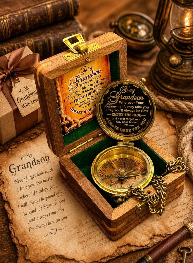 Mai Gift for Grandson Brass Compass Engraved Quote - Memory Present to My Grandson Birthday, Baptism, Graduation, Confirmation, Love, Gift idea by Grandpa Grandma - Always Here for You. (Wooden Case) - Image 5