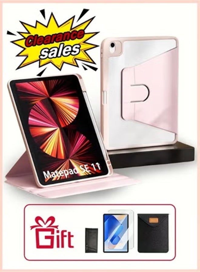 Case for HWAWEI Matepad Se 11 With Pen Slot/Tablet 360° Rotating Protective Case/Auto Sleep/Wake Slim Stand/Transparent Tpu Protective Case/Free AED29 Anti-Glare Protective Film/Felt Tablet Pouch- Pink - Image 1