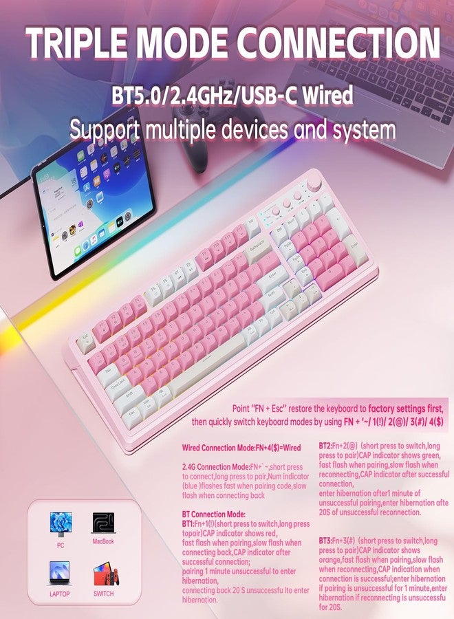 AULA 99 Key Keyboard, Wireless Gaming Keyboard Bluetooth Computer Keyboards Creamy Cute with Number Pad RGB Backlit Tri-Mode BT/2.4GHz/USB-C - Pink - Image 4