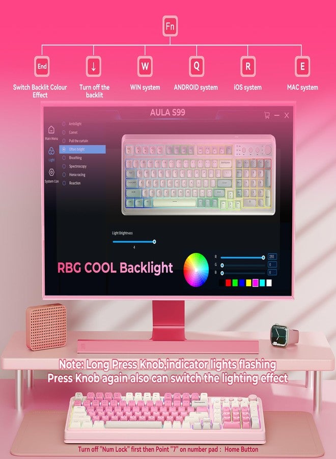 AULA 99 Key Keyboard, Wireless Gaming Keyboard Bluetooth Computer Keyboards Creamy Cute with Number Pad RGB Backlit Tri-Mode BT/2.4GHz/USB-C - Pink - Image 5