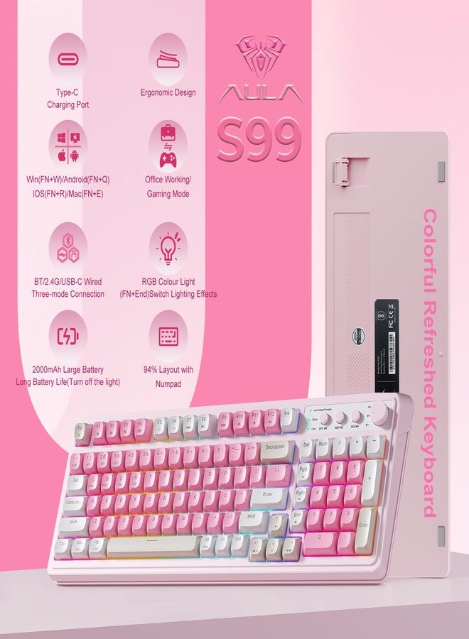 AULA 99 Key Keyboard, Wireless Gaming Keyboard Bluetooth Computer Keyboards Creamy Cute with Number Pad RGB Backlit Tri-Mode BT/2.4GHz/USB-C - Pink - Image 3