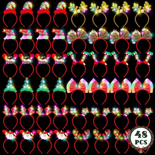 HOVACY 48 Pcs Light Up Christmas Headbands LED Christmas Hair Hoop Snowman Santa Elf Bow Tree Star Reindeer Antlers in 12 Styles for Xmas Party Favors Decor Supplies Holiday Accessories - Image 1