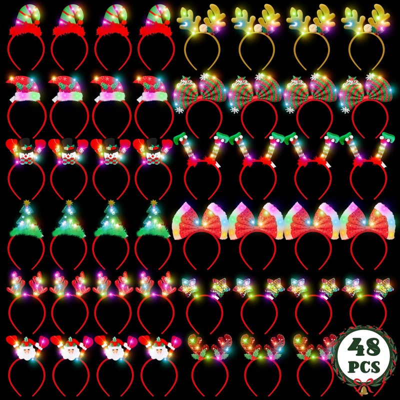HOVACY 48 Pcs Light Up Christmas Headbands LED Christmas Hair Hoop Snowman Santa Elf Bow Tree Star Reindeer Antlers in 12 Styles for Xmas Party Favors Decor Supplies Holiday Accessories - Image 3