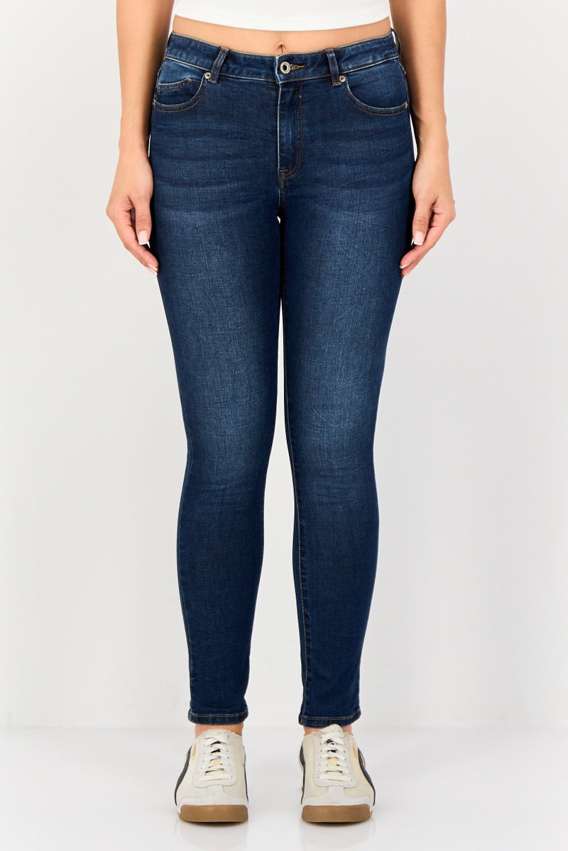 SELECTED Women Skinny Fit Washed Raw Denim Society Stretchable Jeans, Navy - Image 1