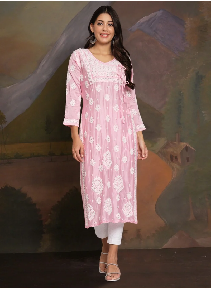 Alaya Hand Embroidered Chikankari Chanderi Angarkha Kurta With Mukaish Work-AL3672