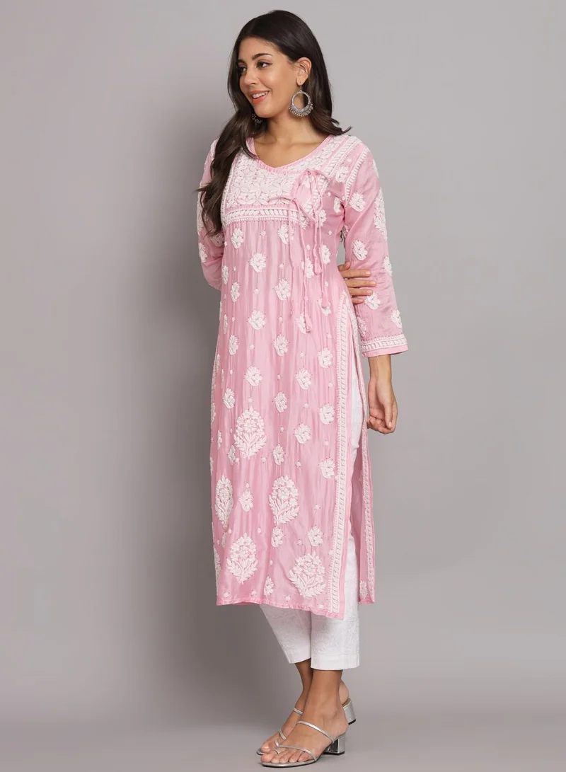 Alaya Hand Embroidered Chikankari Chanderi Angarkha Kurta With Mukaish Work-AL3672