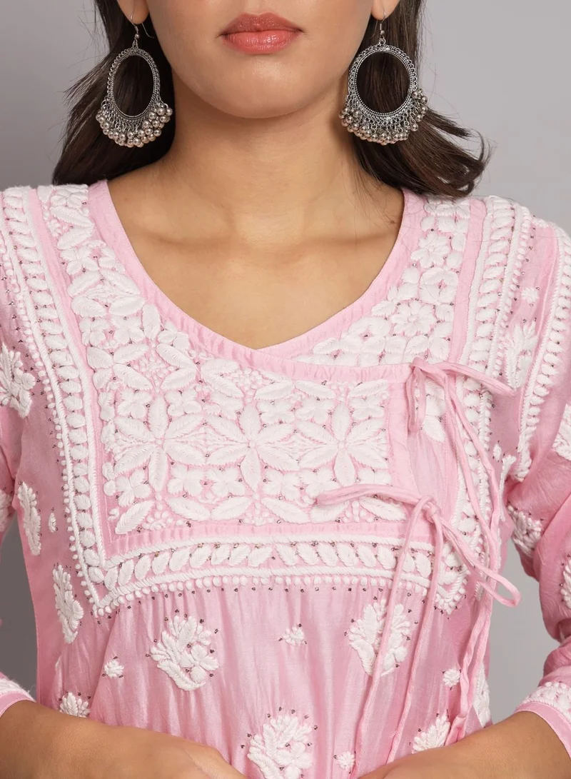 Alaya Hand Embroidered Chikankari Chanderi Angarkha Kurta With Mukaish Work-AL3672