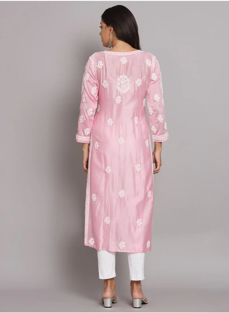 Alaya Hand Embroidered Chikankari Chanderi Angarkha Kurta With Mukaish Work-AL3672