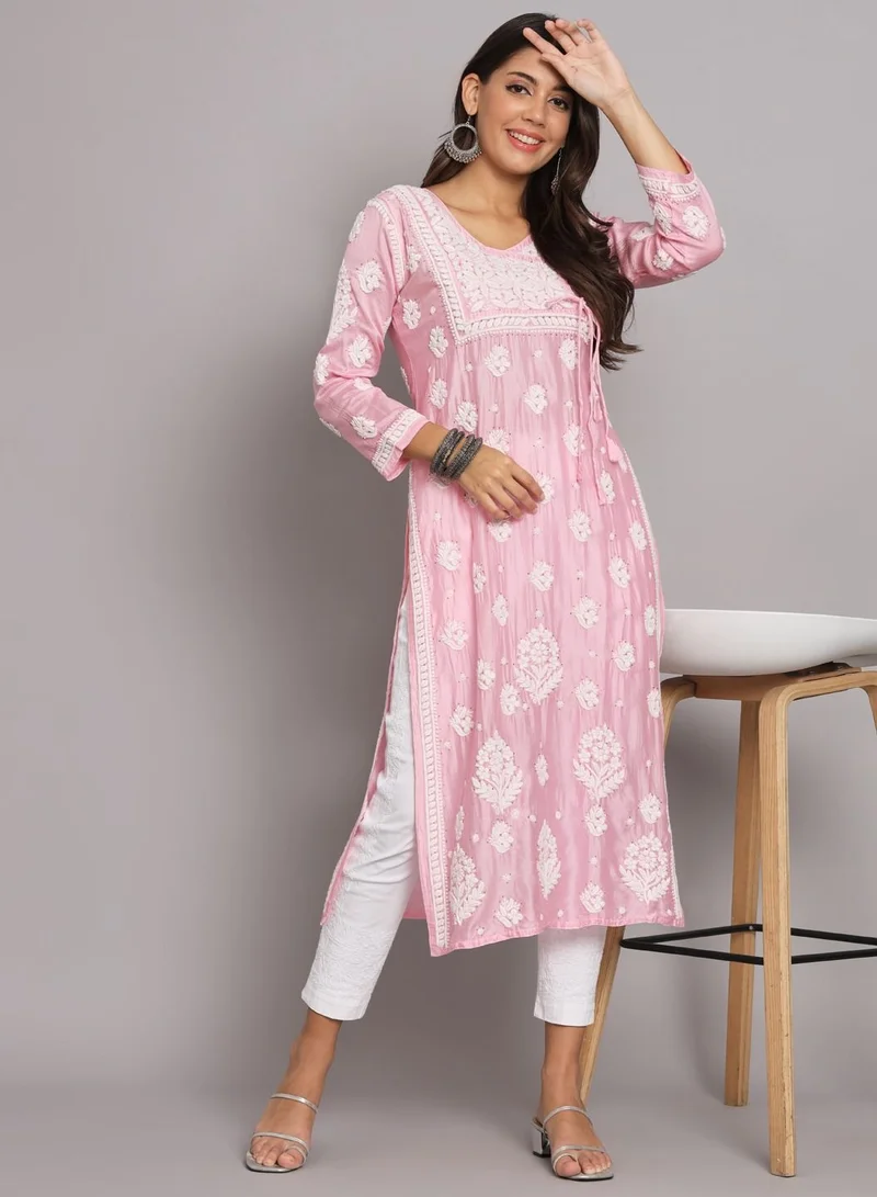 Alaya Hand Embroidered Chikankari Chanderi Angarkha Kurta With Mukaish Work-AL3672