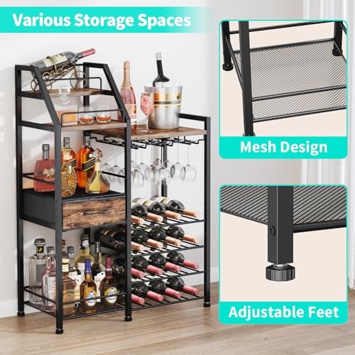 HapiRm Wine Rack Freestanding Floor - Multi-Tier Liquor Cabinet with Fabric Drawer, Liquor Bottle Display Shelf with Glass Holder, Vintage Whiskey Cabinet for Home - Image 3