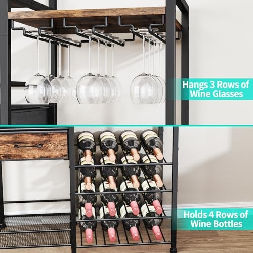 HapiRm Wine Rack Freestanding Floor - Multi-Tier Liquor Cabinet with Fabric Drawer, Liquor Bottle Display Shelf with Glass Holder, Vintage Whiskey Cabinet for Home - Image 2