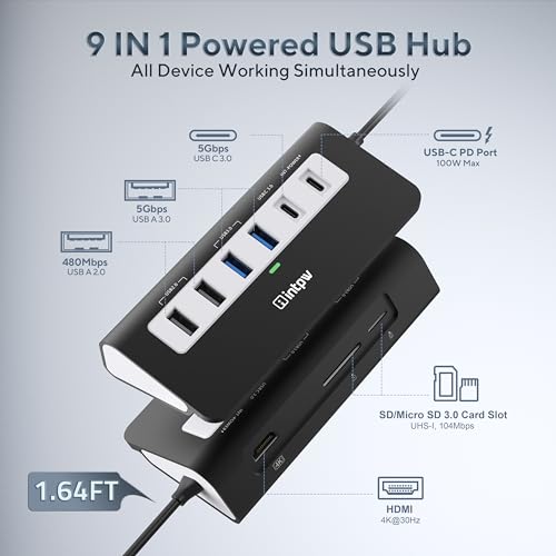 intpw P9 USB C Hub, INTPW 9-in-1 USB Multiport Adapter with 4K HDMI, PD 100W, USB-C and 2 USB A 3.0 5Gbps, 2 USB A 2.0, SD/TF Card Reader, Aluminum Powered USB Hub for PC, iPhone 16/15 Series, MacBook, iPad - Image 2