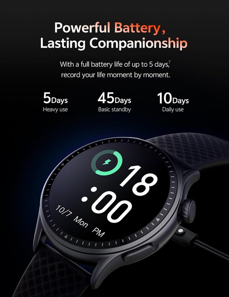1.43 بوصة ساعة ذكية AMOLED، مقاومة للماء حتى 3 ATM، متتبع لياقة مع مكالمات بلوتوث، مراقب نشاط مع معدل ضربات القلب، ضغط الدم، السعرات الحرارية، عداد خطوات متوافق مع iPhone/Android (أسود) - Image 2