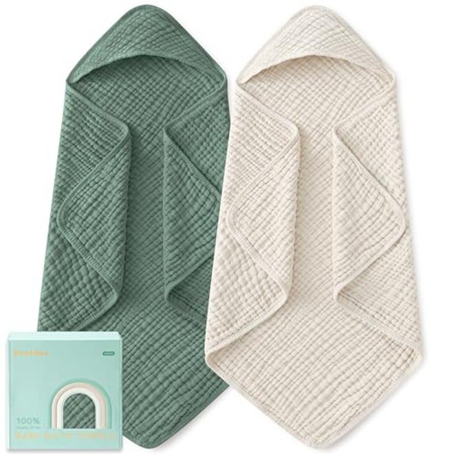 Yoofoss Hooded Baby Bath Towels 2 Pack - 100% Muslin Organic Cotton, Soft & Absorbent for Newborn, Babies, Toddlers, 32x32 Inch, Beige & Coffee