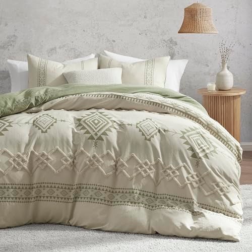 Oli Anderson Boho Duvet Cover Set Queen Size, Beige and Sage Green Color Clash 3 Pieces Microfiber Bedding Set, Durable and Super Soft Duvet Covers with Zipper and Ties, 90"*90" - Image 1