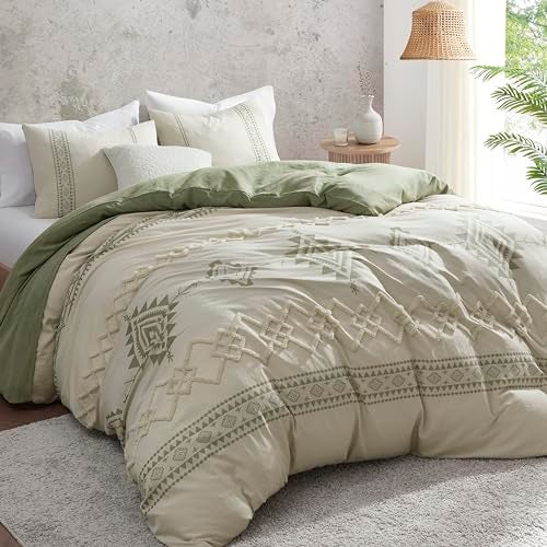Oli Anderson Boho Duvet Cover Set Queen Size, Beige and Sage Green Color Clash 3 Pieces Microfiber Bedding Set, Durable and Super Soft Duvet Covers with Zipper and Ties, 90"*90" - Image 2